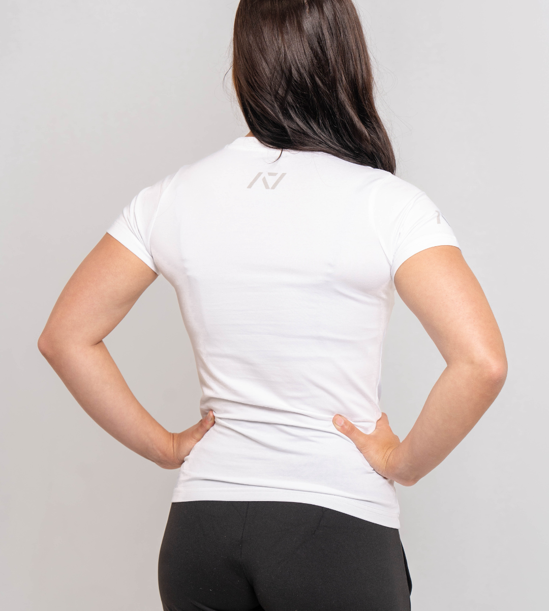 Back of Women's IPF Meet Shirt with A7 logo on the center of the upper back so it shows underneath a singlet