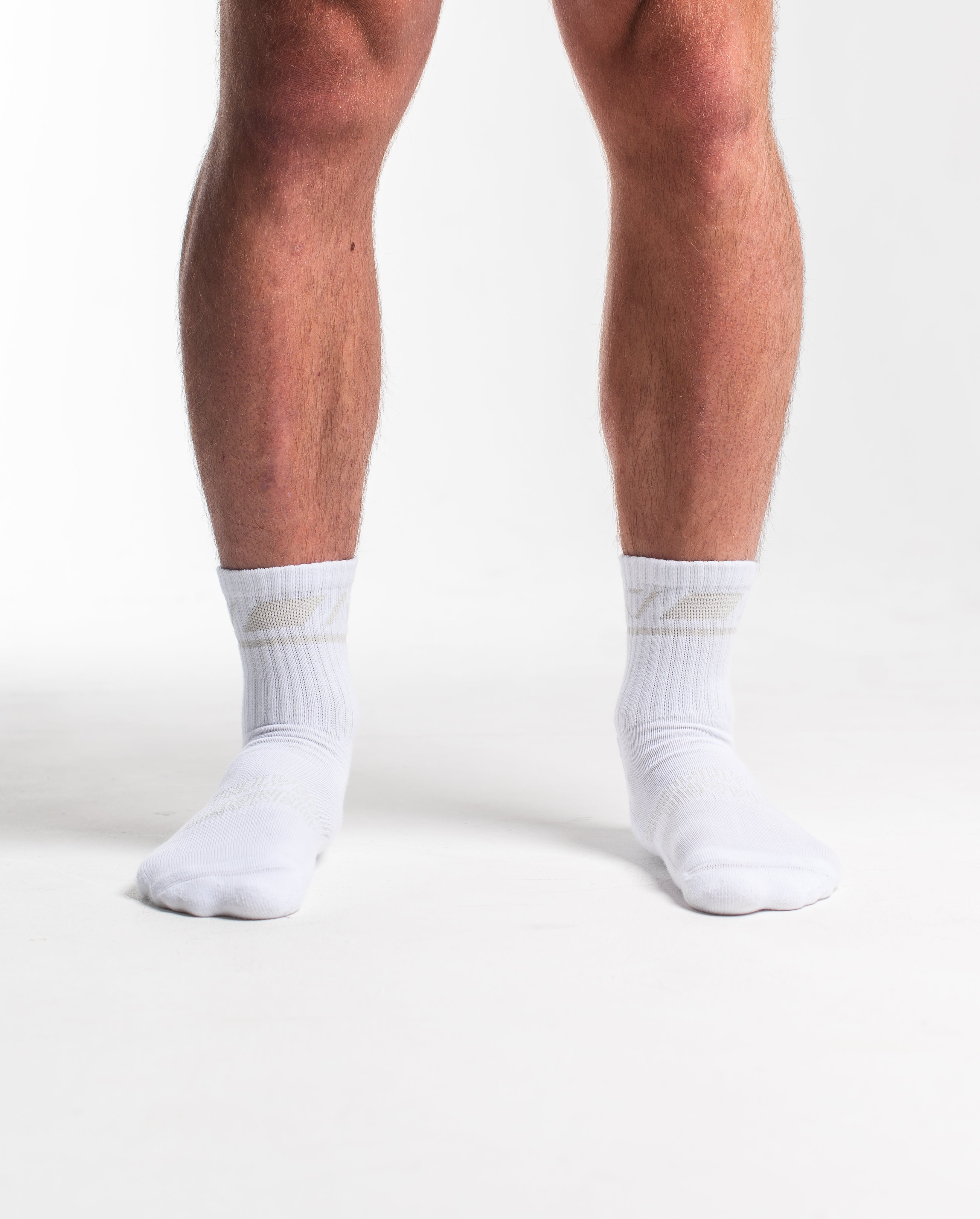 Front view of A7 Crew Socks in Polar, showcasing mid-shin length and ribbed cuff design.