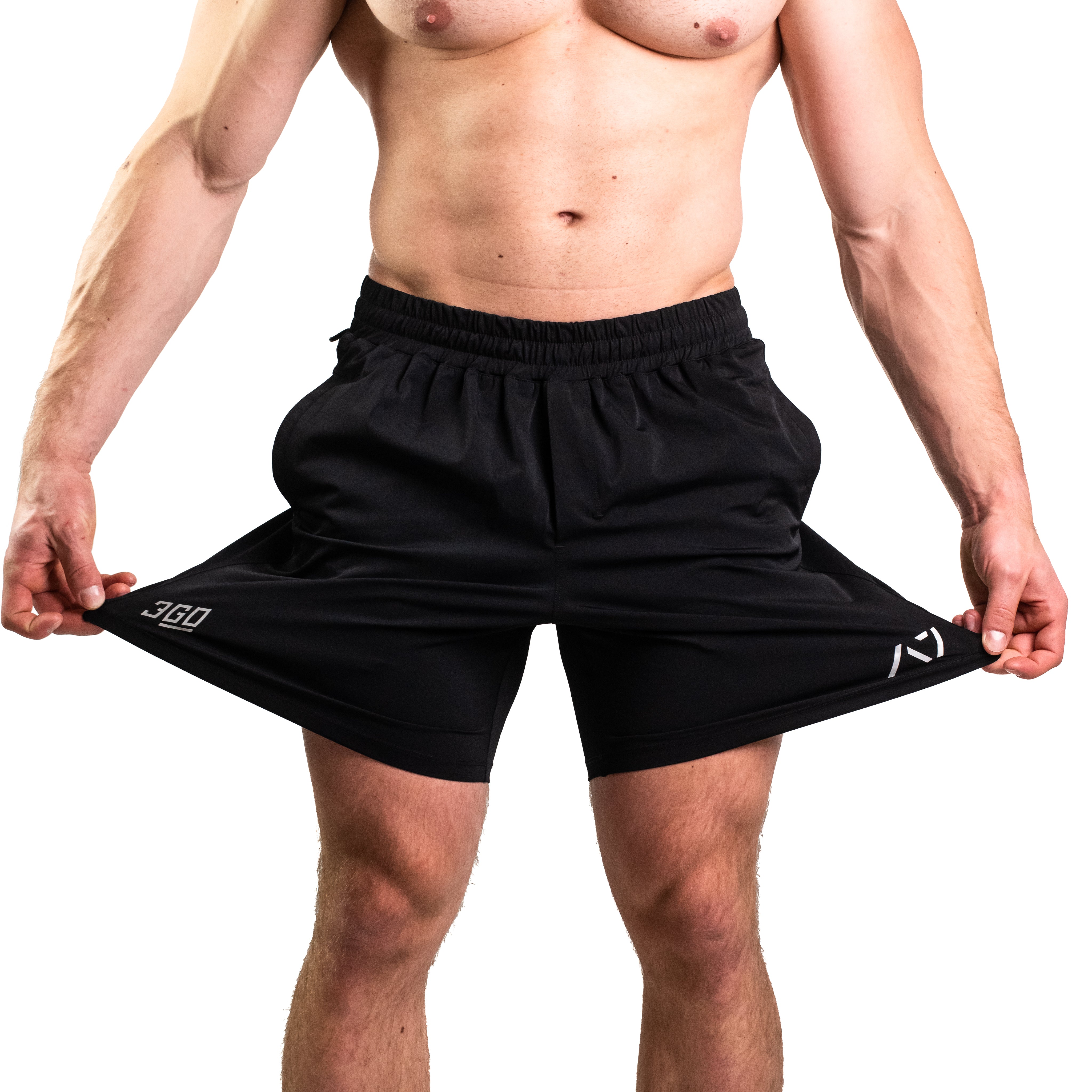 Close-up of 360-degree stretch fabric on Black 360Go Shorts for full mobility during strength and conditioning work.