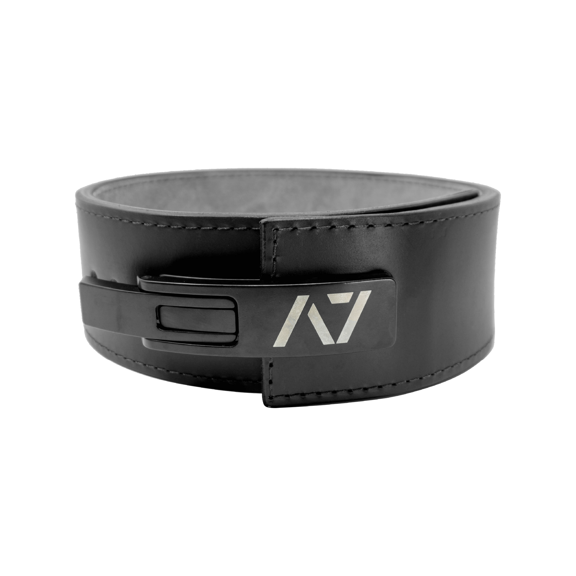 A7 Lever Buckle installed on a 10mm leather lifting belt, showing secure fit and compatibility.