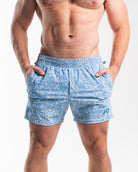 Front view of A7 360Go 1Z KWD Shorts in Slate Blue, showing clean athletic fit, built-in liner, and matte silicone A7 logo.