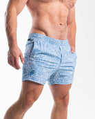 Side profile of 360Go 1Z KWD Shorts in Slate Blue, highlighting the flexible waistband and streamlined performance design.