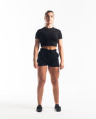 Front view of A7 360Go 1Z KWD Shorts in Stealth, showcasing matte black design, built-in liner, and wide waistband.