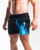 Front view of A7 360Go KWD Shorts in Accelerant Blue showing athletic fit, wide waistband, and vibrant performance flamedesign.