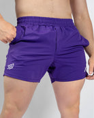 Front view of A7 360Go KWD Shorts in Purple featuring athletic fit, wide waistband, and vibrant color.