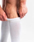 Close-up of the knit fabric on A7 Deadlift Socks in Polar, showing texture and stitching details.