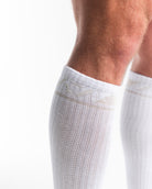Close-up of the knit fabric on A7 Deadlift Socks in Polar, showing texture and stitching details.