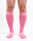Front view of A7 Deadlift Socks – Roseite showing mid-shin length and ribbed cuff.