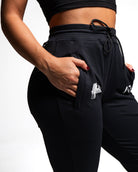 Close-up of front zippered pocket and moisture-wicking stretch fabric.