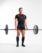 Front view of A7 Deadlift Socks – Red Dawn, displaying knee‑high length and ribbed cuff design.
