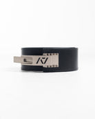 A7 PAL Buckle in silver mounted on a leather lifting belt, showing compatibility and adjustable fit.